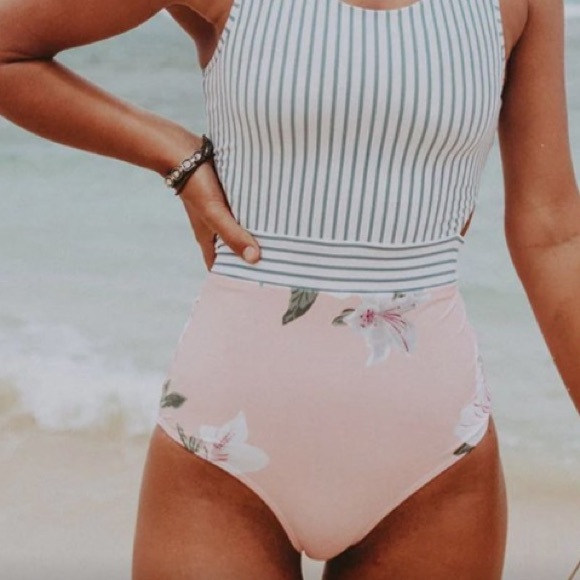 Albion Pink and Teal Floral and Striped Swim Suit, size M. - Picture 10 of 10